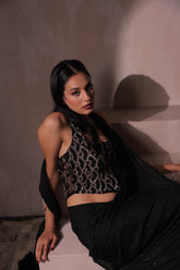 Black Sequins Halter Neck Saree with Glitter Drape | Ready-to-Wear Cocktail Sari